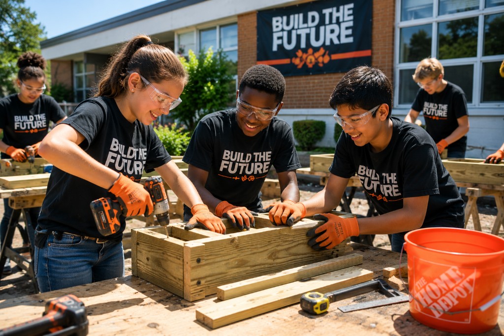 Students in Build The Future shirts collaborating on an outdoor carpentry build with safety gear
