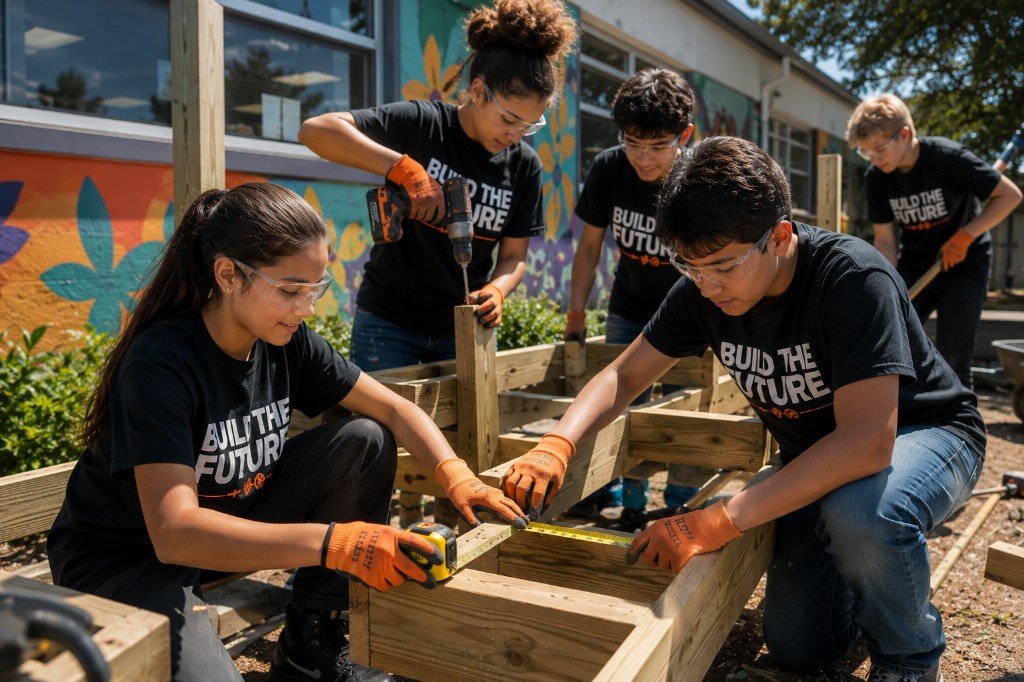 Students in Build The Future shirts measuring and assembling a planter box with power tools