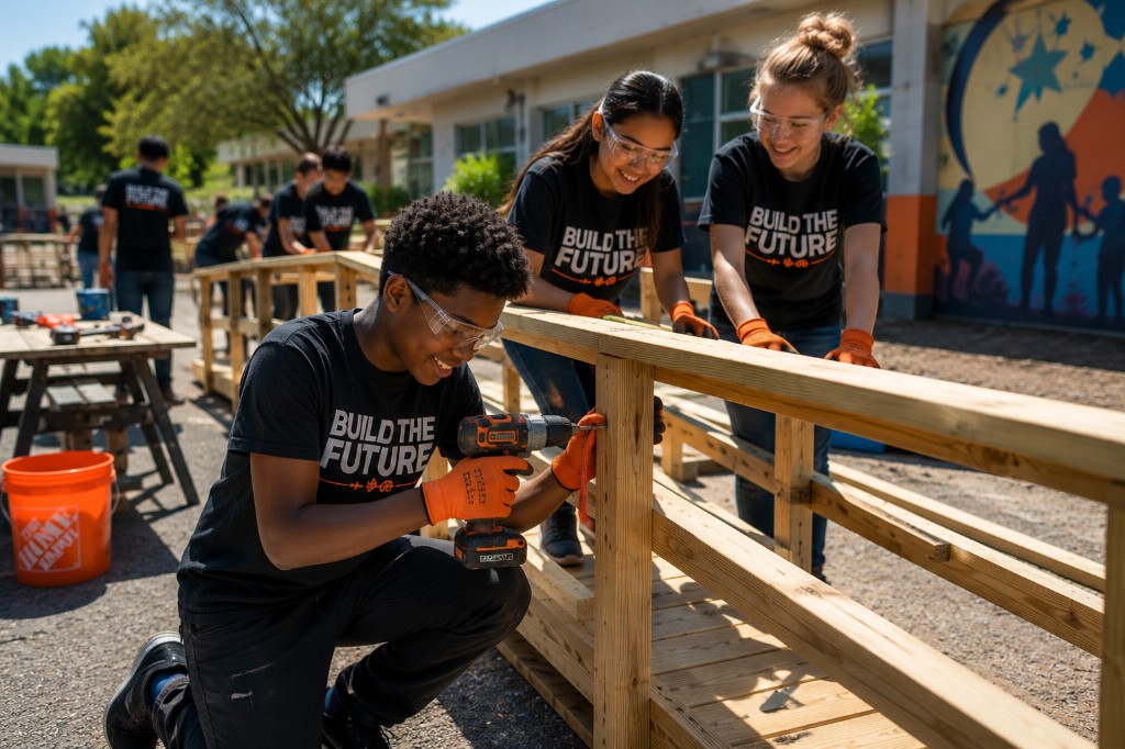 Students in Build The Future shirts building a wooden ramp with drills, tape measures, and safety glasses