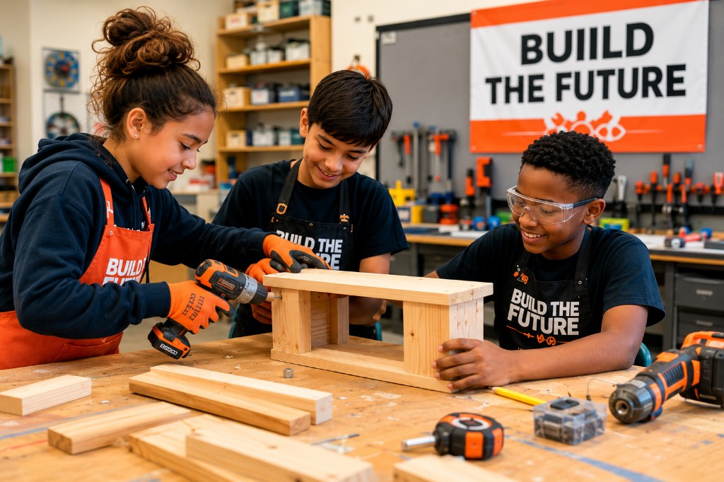 Students in Build The Future aprons using a power drill on a woodworking project in a workshop