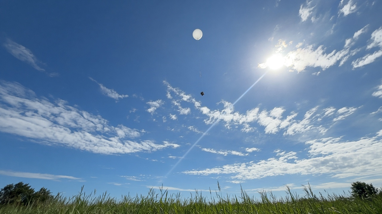 Illustrative weather balloon already high above a grassy field
