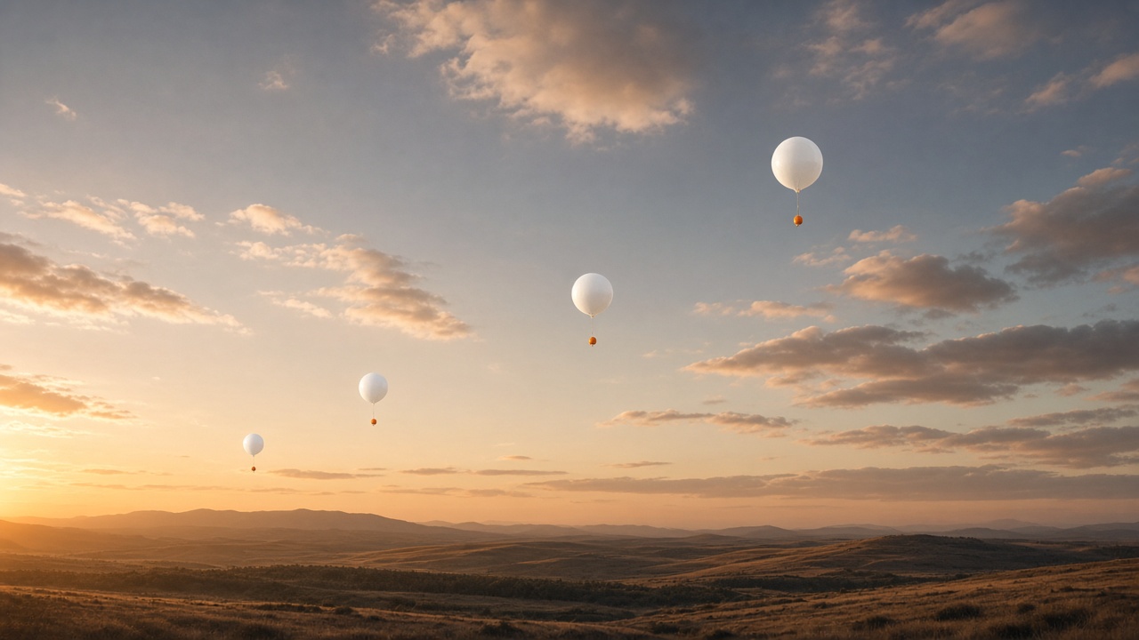 Illustrative several weather balloons rising together under one sky