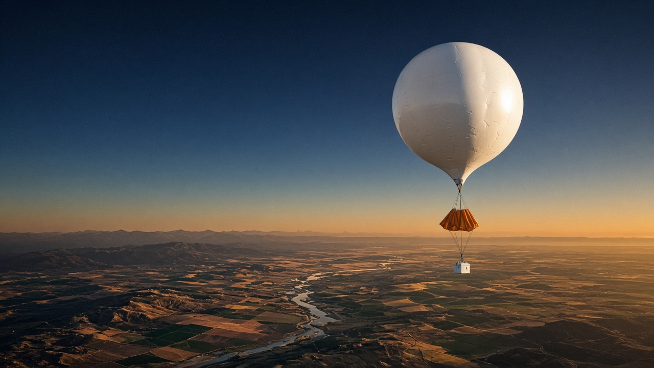 Illustrative high-altitude balloon rising over an American landscape at golden hour