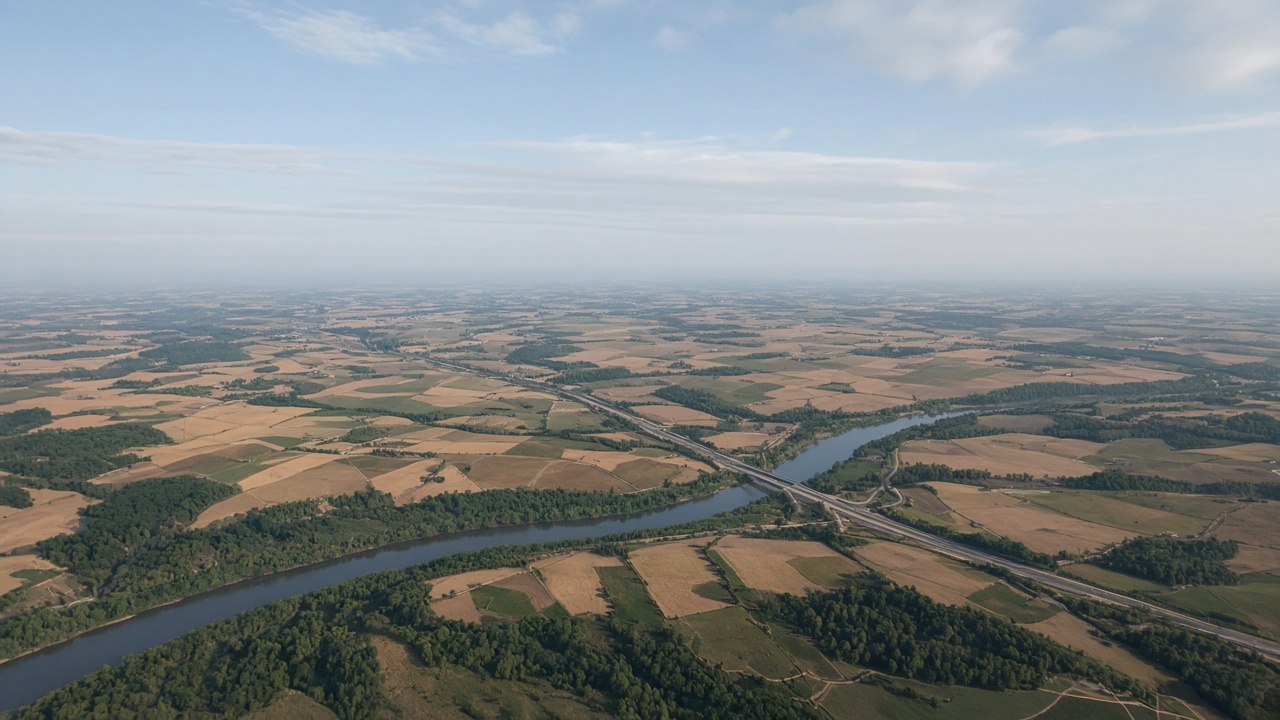 Aerial view of rivers, farms, and roads stretching across the land