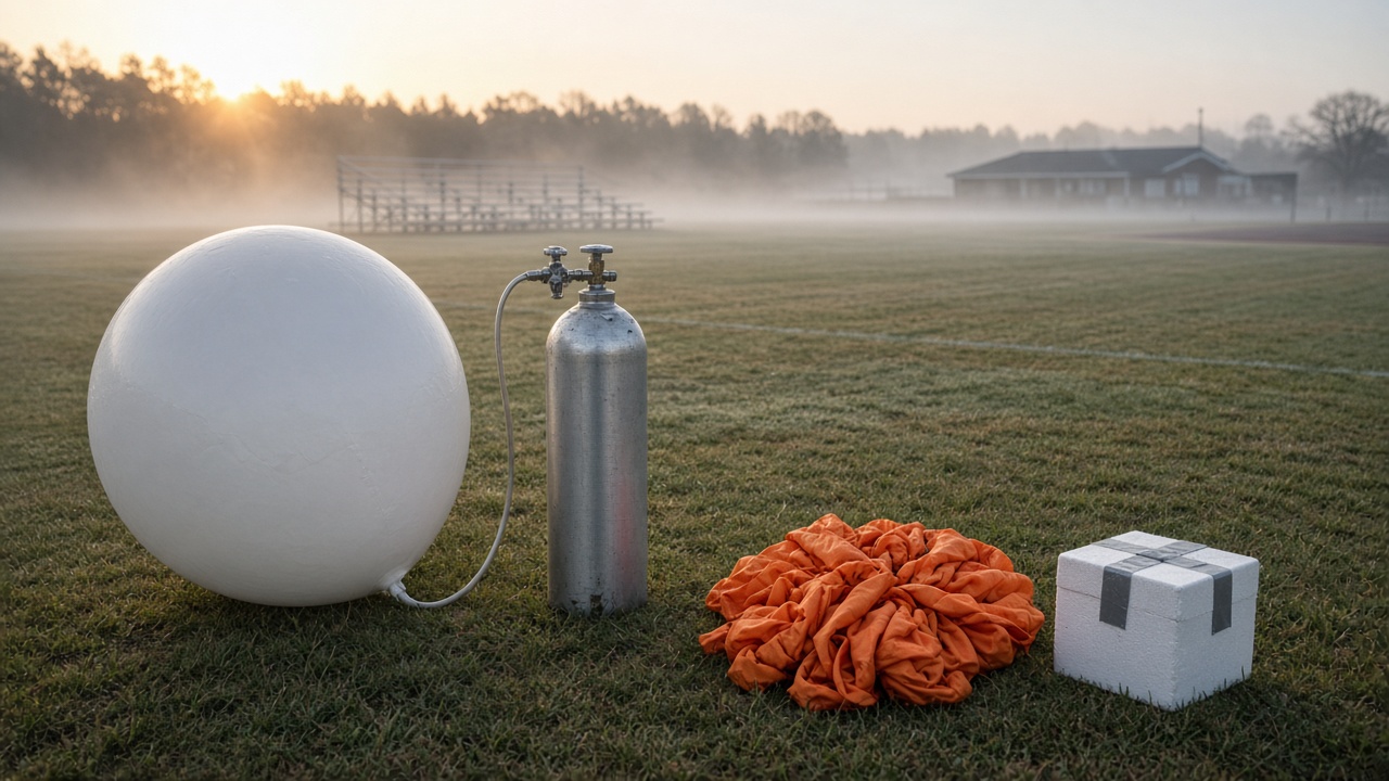 Illustrative weather balloon inflating on an empty school field at sunrise